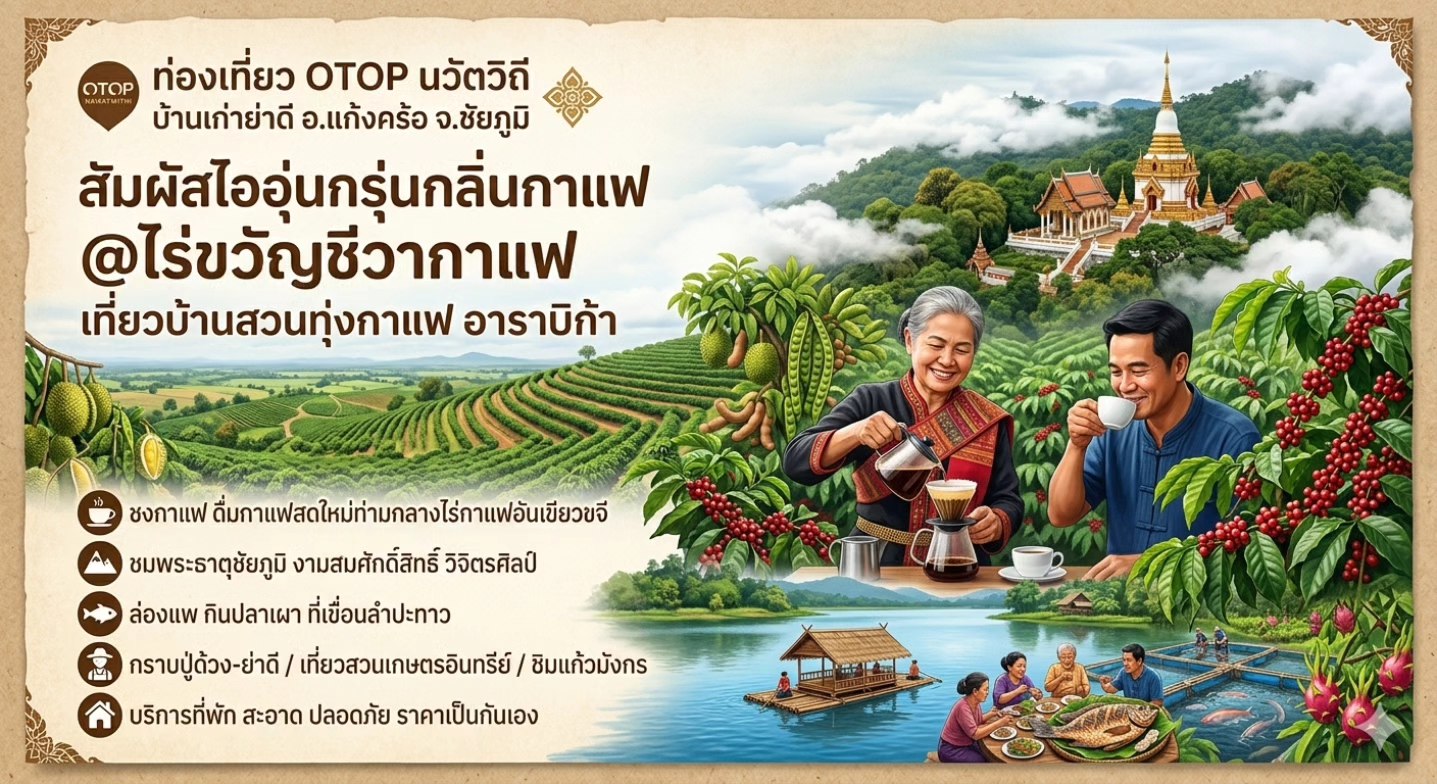 [Headline] จิบกาแฟลับบนยอดเขา! สพอ.แก้งคร้อ เปิดวาร์ป "ไร่ขวัญชีวา" สัมผัสรสชาติโรบัสต้าแท้ท่ามกลางหมอก "บ้านเก่าย่าดี" ☕☁️ สาย Cafe Hopping ต้องร้องกรี๊ด! ถ้าคุณคิดว่ากาแฟดีๆ มีแค่ในเมืองหลวง สพอ.แก้งคร้อ ขอท้าให้ลองเปลี่ยนบรรยากาศมาเช็กอินที่ "บ้านเก่าย่าดี" จ.ชัยภูมิ พิกัด Unseen ที่จะเปลี่ยนนิยามการดื่มกาแฟของคุณไปตลอดกาล