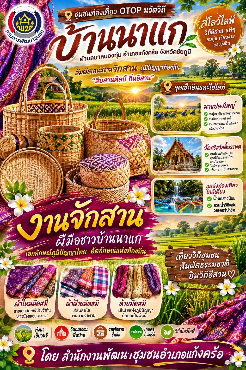 ตกหลุมรักเสน่ห์งานมือ! "บ้านนาแก" ชัยภูมิ ชวนชมงานจักสานสุดประณีต ช้อปผ้าไหมมัดหมี่ สัมผัสวิถีอีสานอินทรีย์ สำนักงานพัฒนาชุมชนอำเภอแก้งคร้อ ขอเชิญชวนนักท่องเที่ยวและผู้สนใจ ร่วมเปิดประสบการณ์การท่องเที่ยวเชิงสร้างสรรค์ ณ ชุมชนท่องเที่ยว OTOP นวัตวิถี บ้านนาแก หมู่ที่ 6 ตำบลนาหนองทุ่ม อำเภอแก้งคร้อ จังหวัดชัยภูมิ