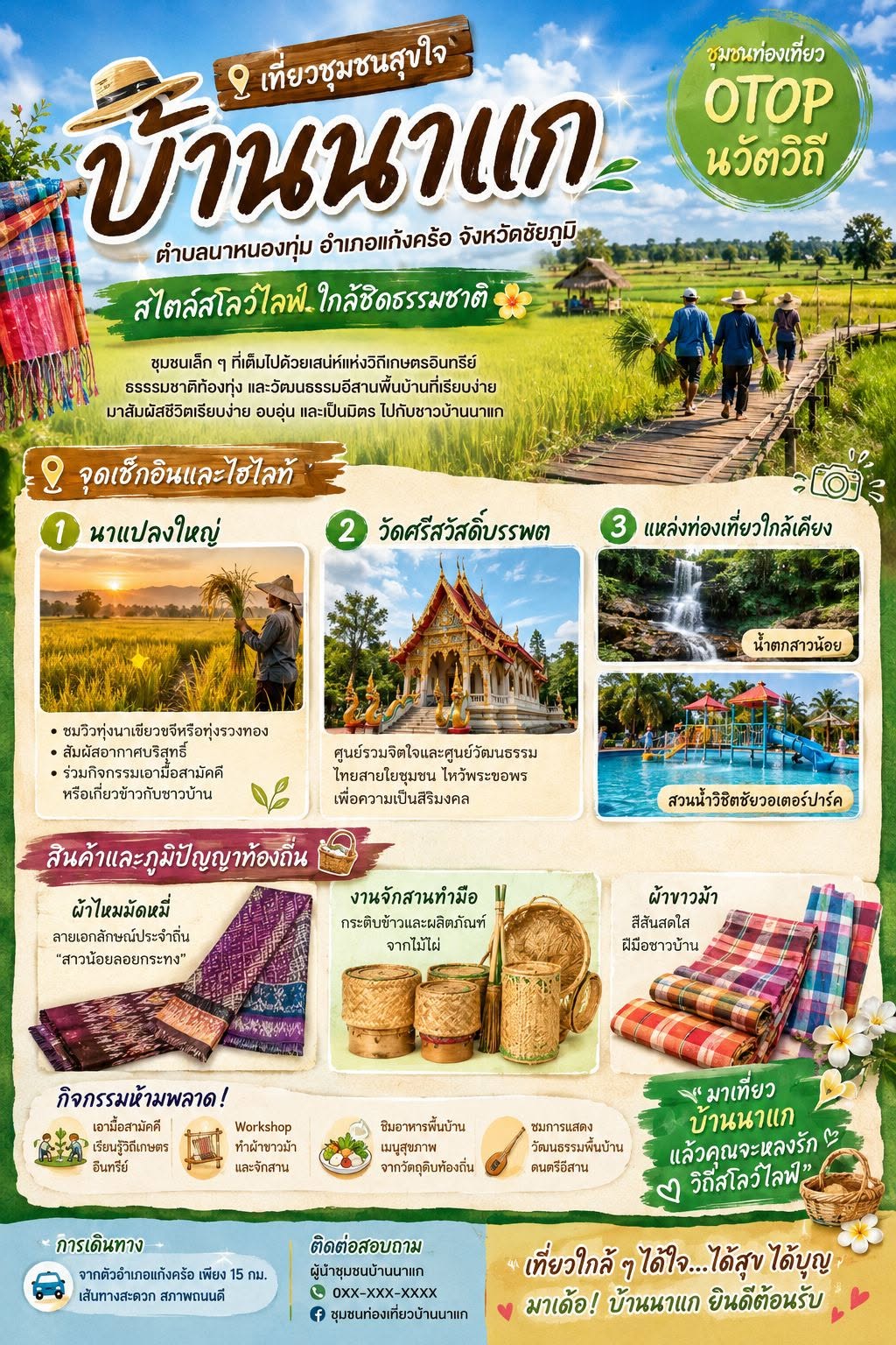 “เที่ยวบ้านนาแก ชิมวิถีอีสาน สัมผัสเกษตรอินทรีย์ เลือกซื้อภูมิปัญญาท้องถิ่น” สำนักงานพัฒนาชุมชนอำเภอแก้งคร้อ ชวนเปิดประสบการณ์ท่องเที่ยวชุมชน OTOP นวัตวิถี สัมผัสเสน่ห์วิถีชีวิตเรียบง่าย ณ บ้านนาแก จังหวัดชัยภูมิ